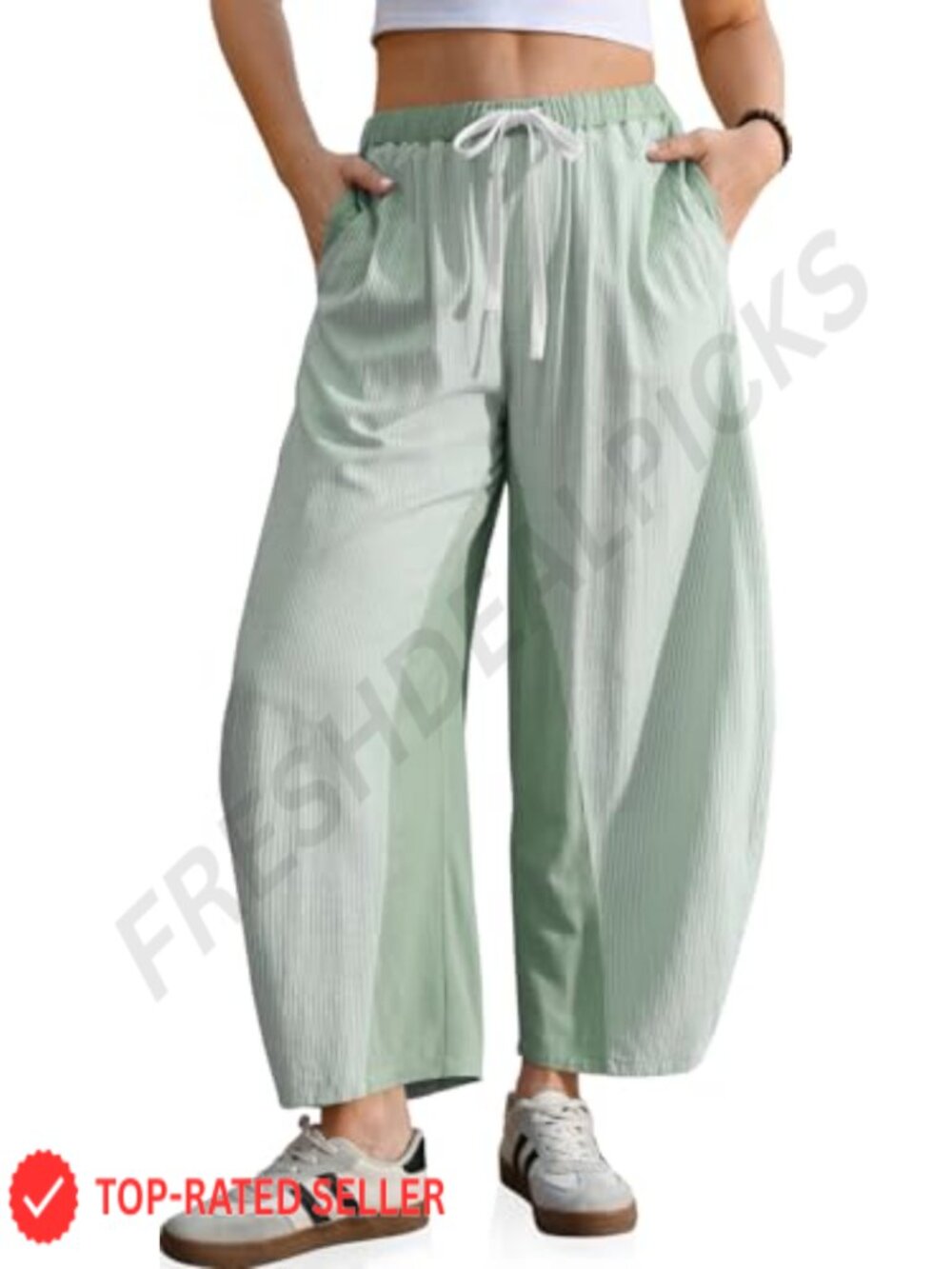 Wide Leg Barrel Pants Striped Drawstring Elastic Waist Linen Blend Loose Fit